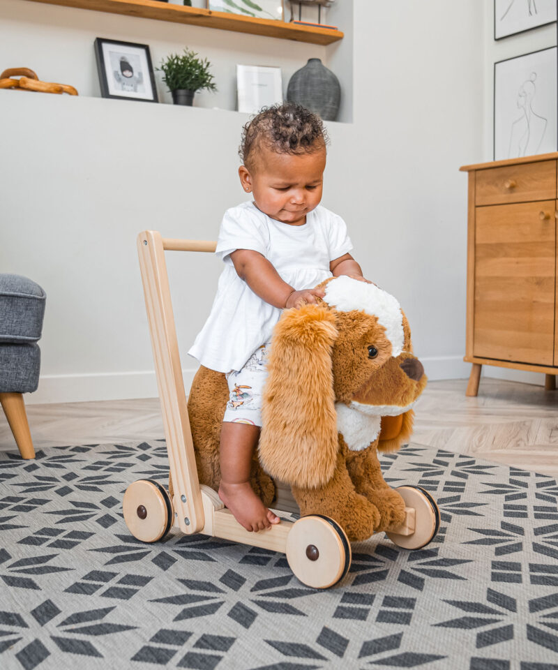 Girl riding dog walker toy