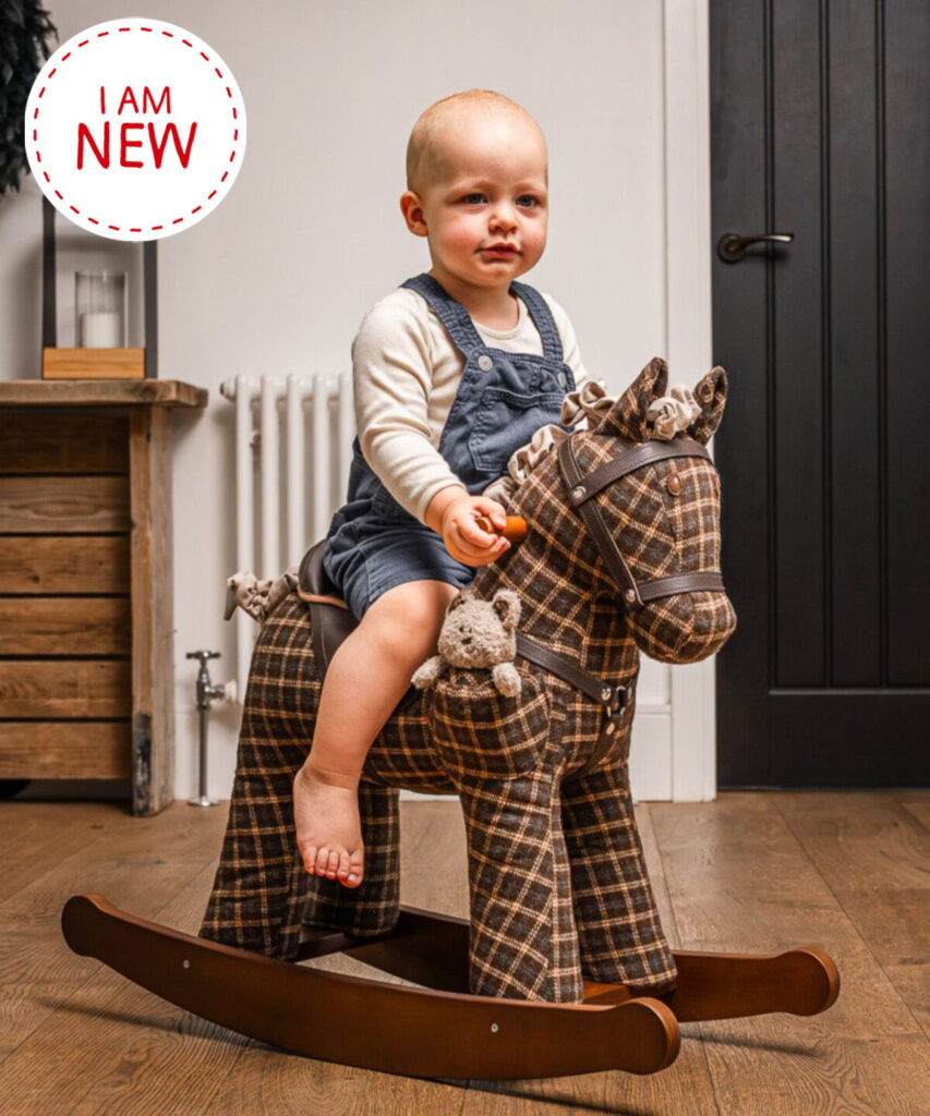 Boy riding brown rocking horse